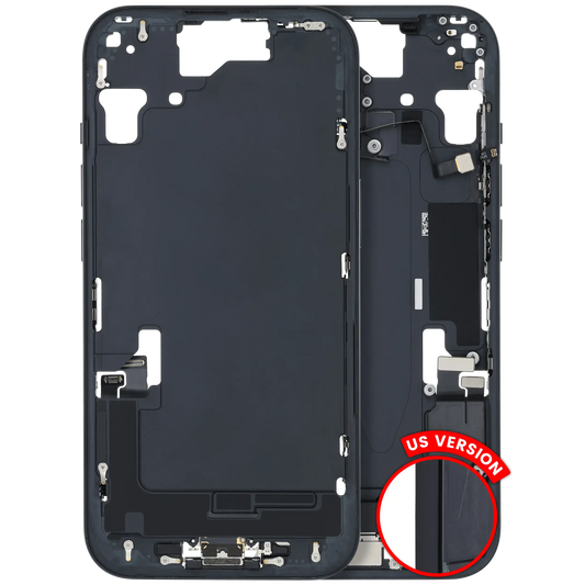 Mid-Frame Housing W/ Charging Port Flex & Small Parts For iPhone 15 (US Version) (Used OEM Pull: Grade A) (Black)