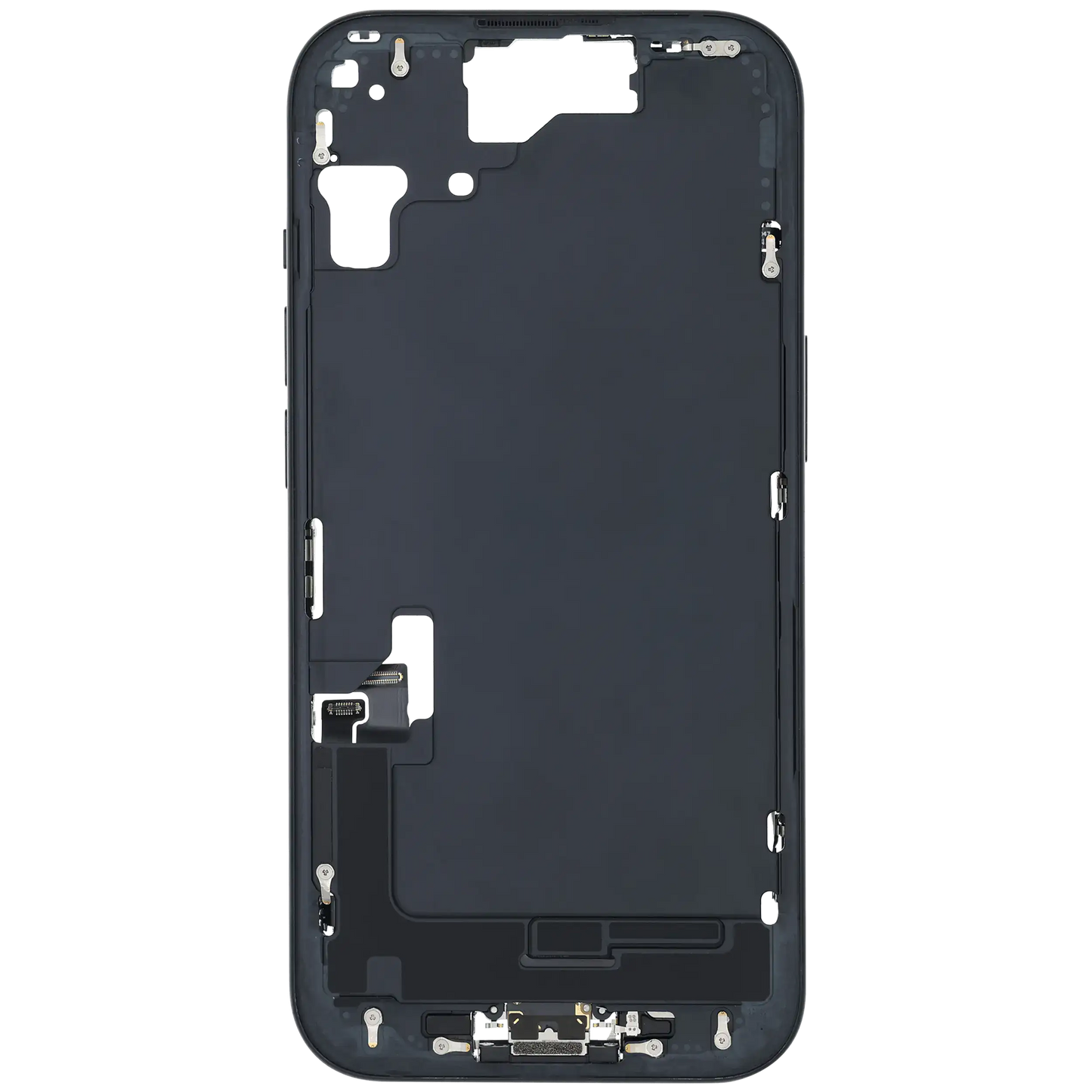Mid-Frame Housing W/ Charging Port Flex & Small Parts For iPhone 15 (US Version) (Used OEM Pull: Grade A) (Black)