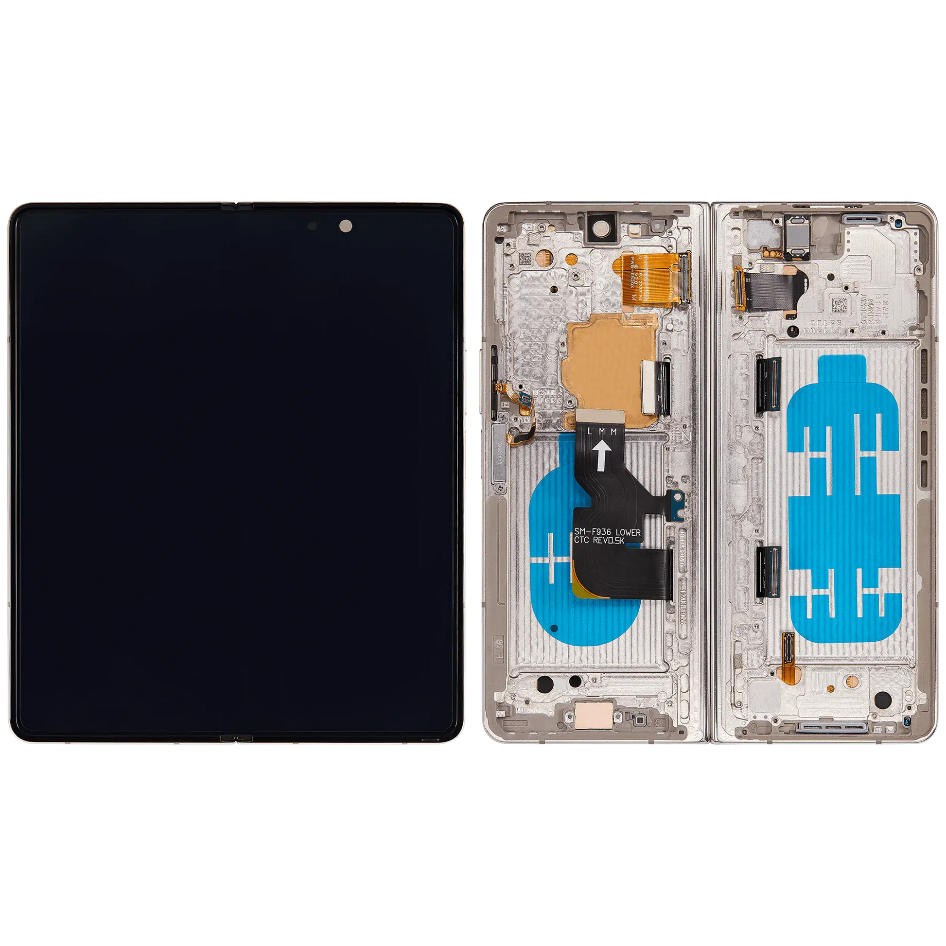 Detailed look at Inner OLED Assembly With Frame For Samsung Galaxy Z Fold 4 5G (US & International) (Refurbished) (Beige) for repair