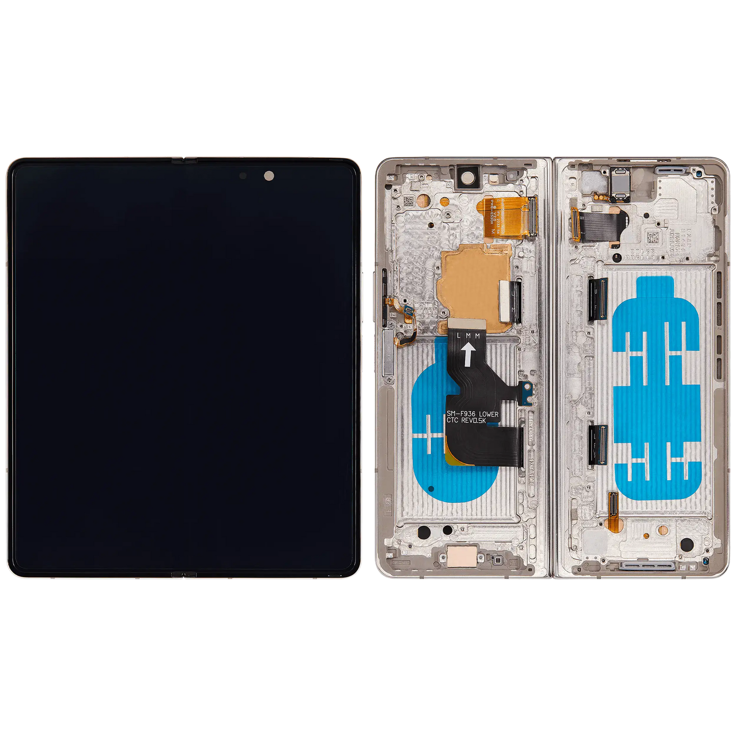 Samsung replacement part: Inner OLED Assembly With Frame For Samsung Galaxy Z Fold 4 5G (US & International) (Used OEM Pull: Grade B/C) (Beige)