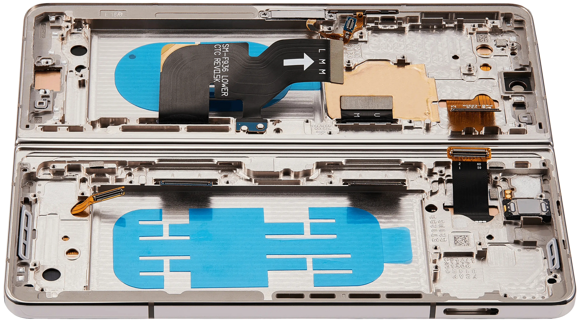 Detailed look at Inner OLED Assembly With Frame For Samsung Galaxy Z Fold 4 5G (US & International) (Used OEM Pull: Grade B/C) (Beige) for repair