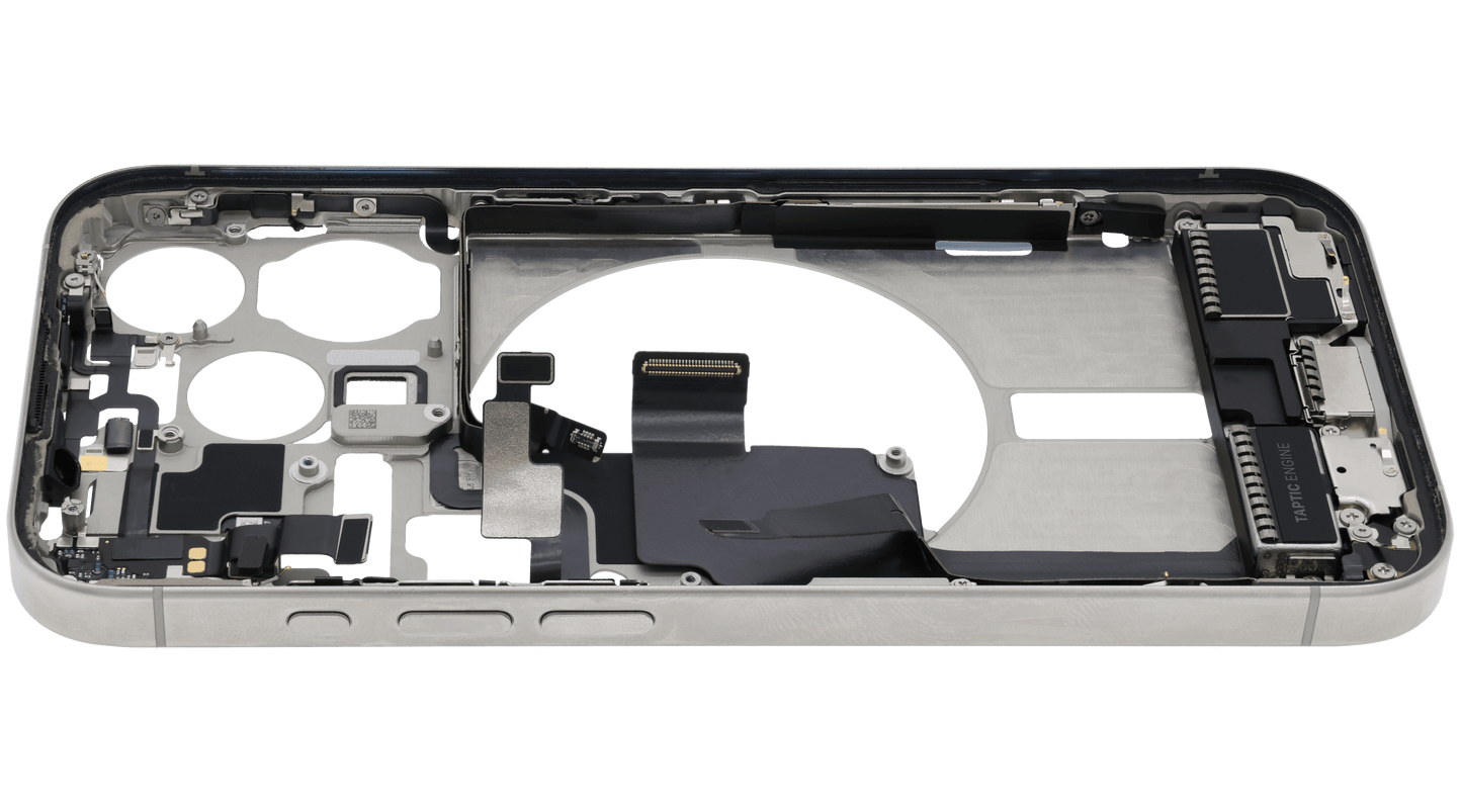 Mid-Frame Housing W/ Charging Port Flex & Small Parts For iPhone 15 Pro (US Version) (Used OEM Pull: Grade B) (White Titanium)