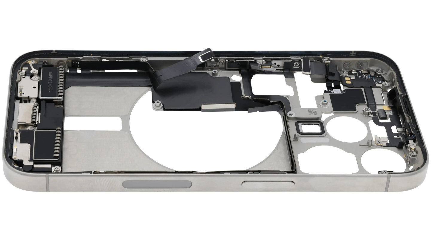 Mid-Frame Housing W/ Charging Port Flex & Small Parts For iPhone 15 Pro (US Version) (Used OEM Pull: Grade B) (White Titanium)