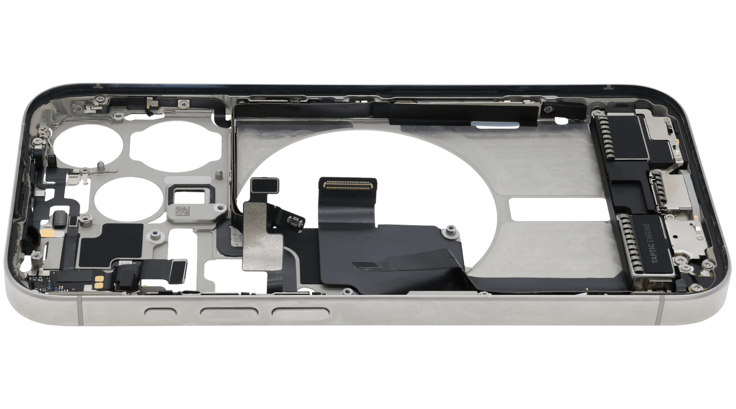 Mid-Frame Housing W/ Charging Port Flex & Small Parts For iPhone 15 Pro (US Version) (Used OEM Pull: Grade C) (White Titanium)