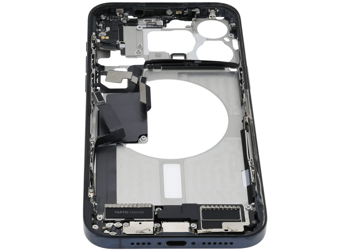 Mid-Frame Housing W/ Charging Port Flex & Small Parts For iPhone 15 Pro Max (US Version) (Used OEM Pull: Grade B) (Blue Titanium)
