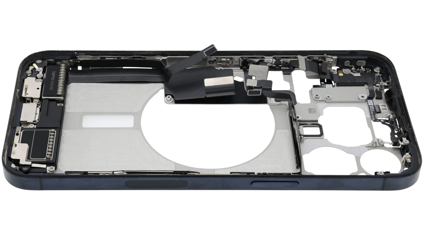 Mid-Frame Housing W/ Charging Port Flex & Small Parts For iPhone 15 Pro Max (US Version) (Used OEM Pull: Grade B) (Blue Titanium)