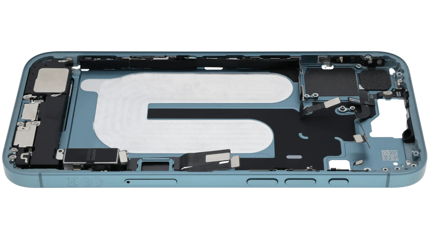 Mid-Frame Housing W/ Charging Port Flex & Small Parts For iPhone 16 Plus (EU / Global Version) (Used OEM Pull: Grade B) (Teal)