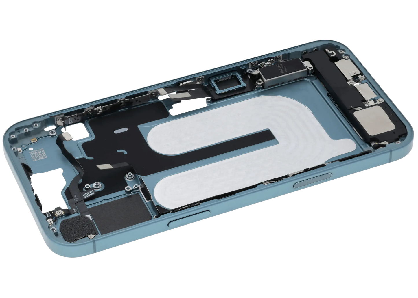 Mid-Frame Housing W/ Charging Port Flex & Small Parts For iPhone 16 Plus (EU / Global Version) (Used OEM Pull: Grade C) (Teal)