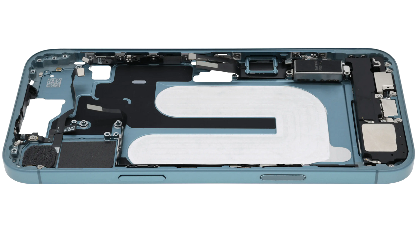 Mid-Frame Housing W/ Charging Port Flex & Small Parts For iPhone 16 Plus (EU / Global Version) (Used OEM Pull: Grade C) (Teal)