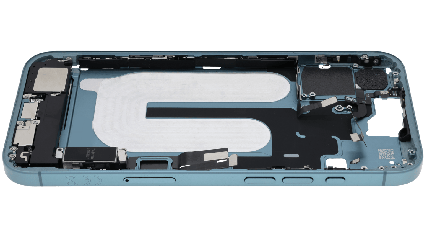 Mid-Frame Housing W/ Charging Port Flex & Small Parts For iPhone 16 Plus (EU / Global Version) (Used OEM Pull: Grade C) (Teal)