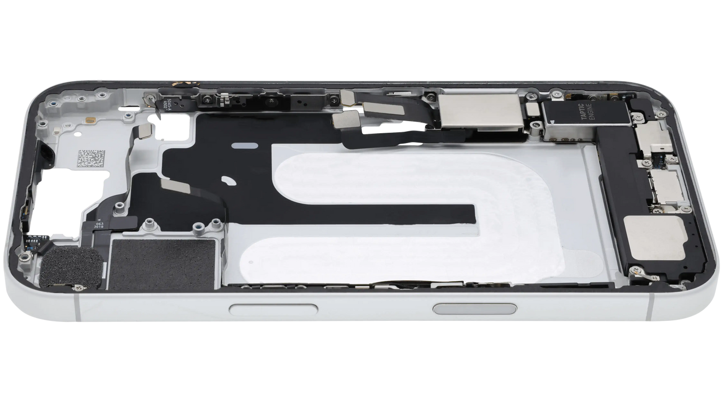 Mid-Frame Housing W/ Charging Port Flex & Small Parts For iPhone 16 (US Version) (Used OEM Pull: Grade A) (White)