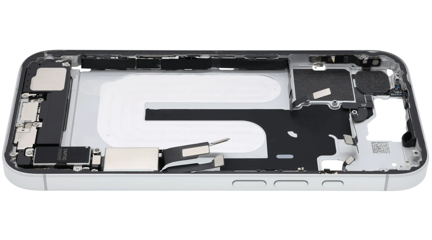Mid-Frame Housing W/ Charging Port Flex & Small Parts For iPhone 16 (US Version) (Used OEM Pull: Grade A) (White)
