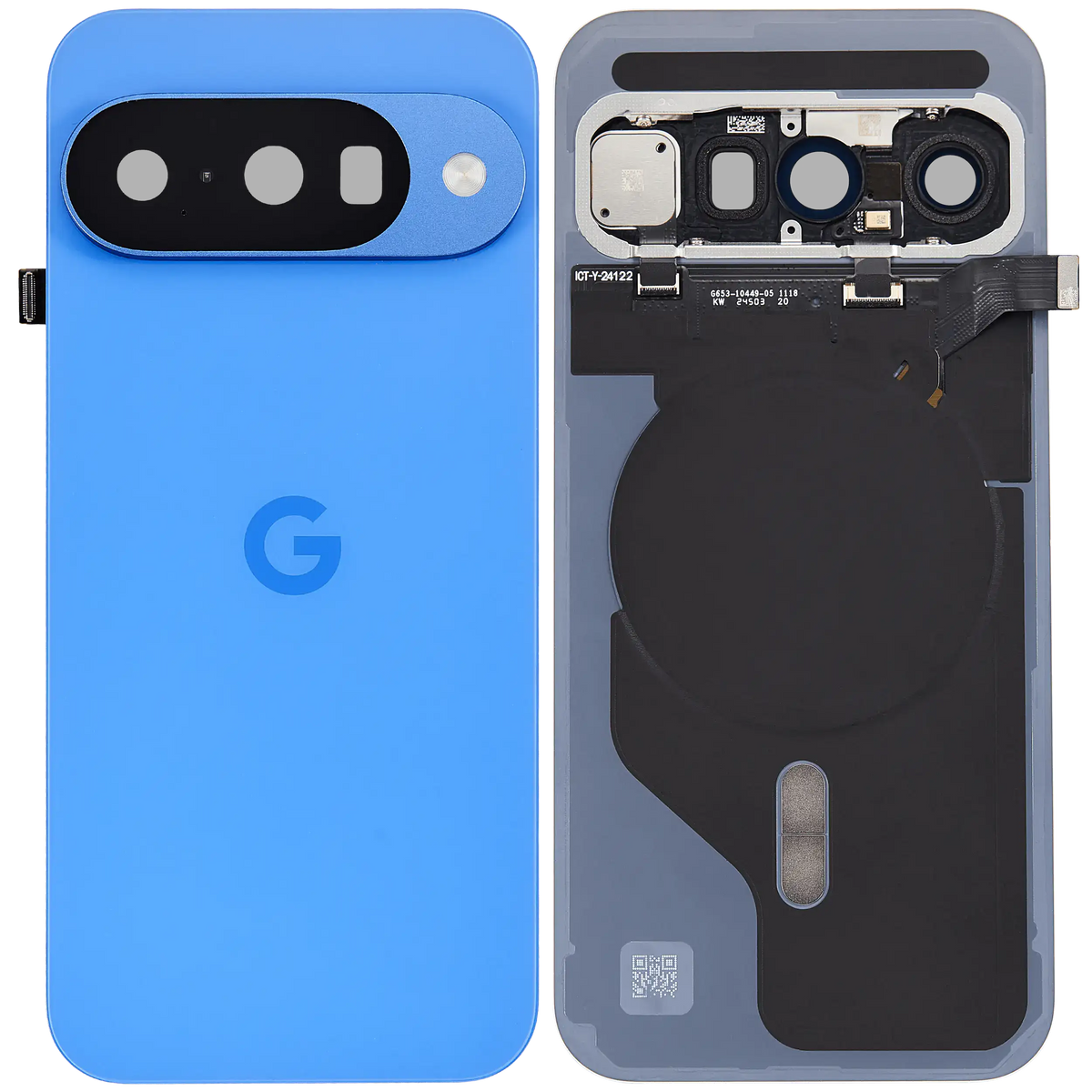Back Cover Housing With Small Components Pre-Installed For Google Pixel 10 (Used OEM Pull: Grade A) (Indigo) - repair component detailed angle
