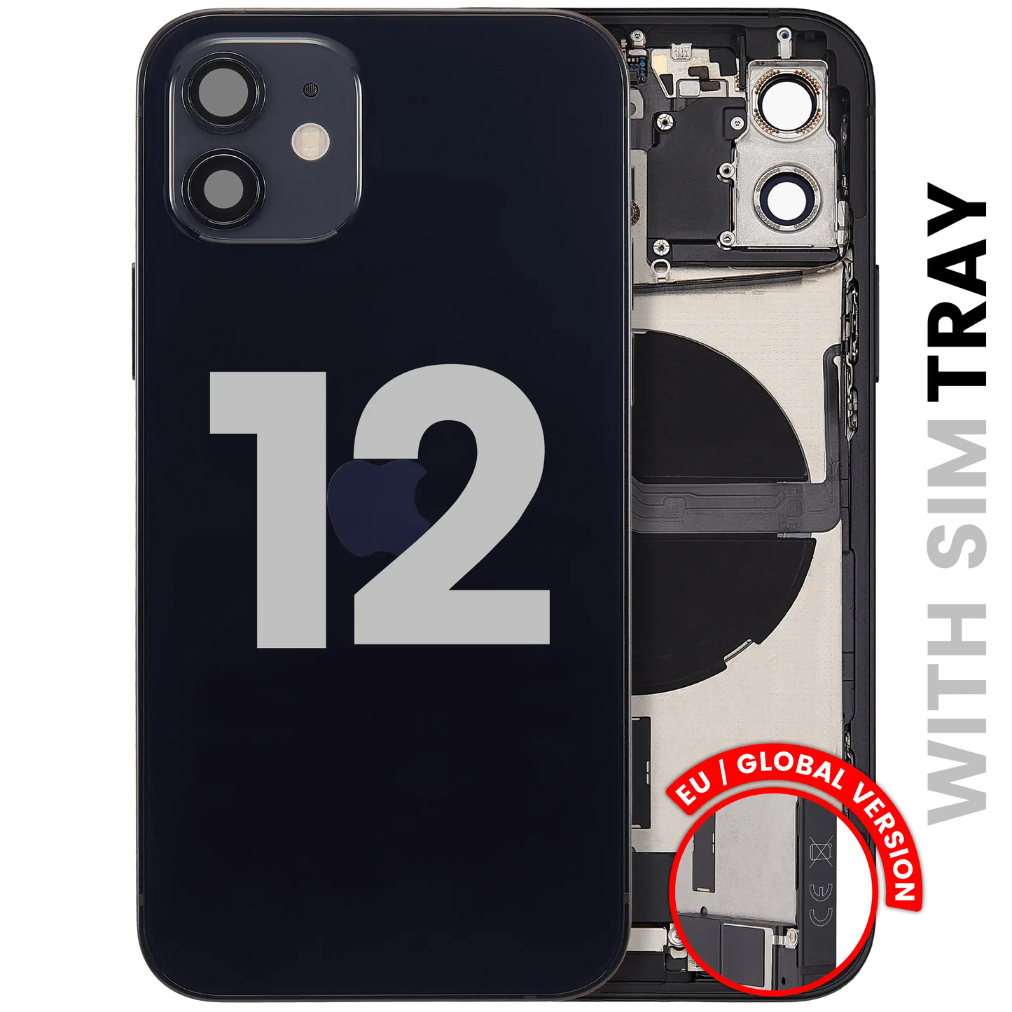 Back Housing W/ Charging Port Flex & Small Parts For iPhone 12 (EU / Global Version) (Used OEM Pull: Grade B) (Black)