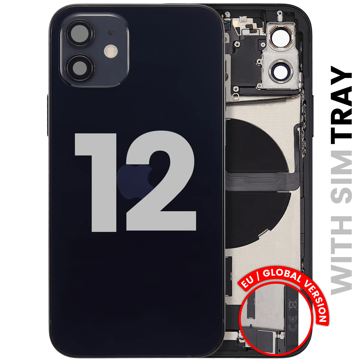 Back Housing W/ Charging Port Flex & Small Parts For iPhone 12 (EU / Global Version) (Used OEM Pull: Grade C) (Black)