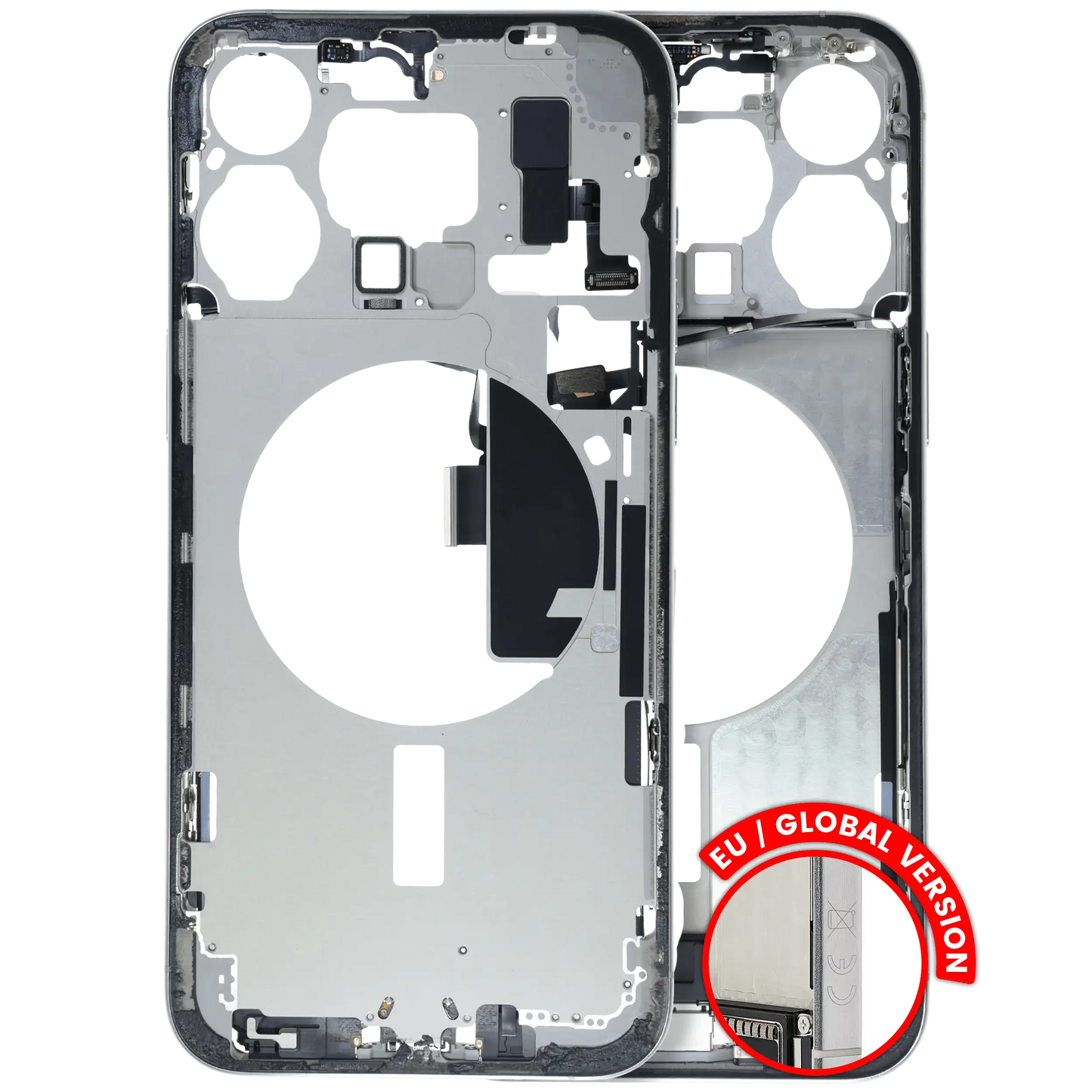 Mid-Frame Housing W/ Charging Port Flex & Small Parts For iPhone 15 Pro Max (EU / Global Version) (Used OEM Pull: Grade C) (White Titanium)