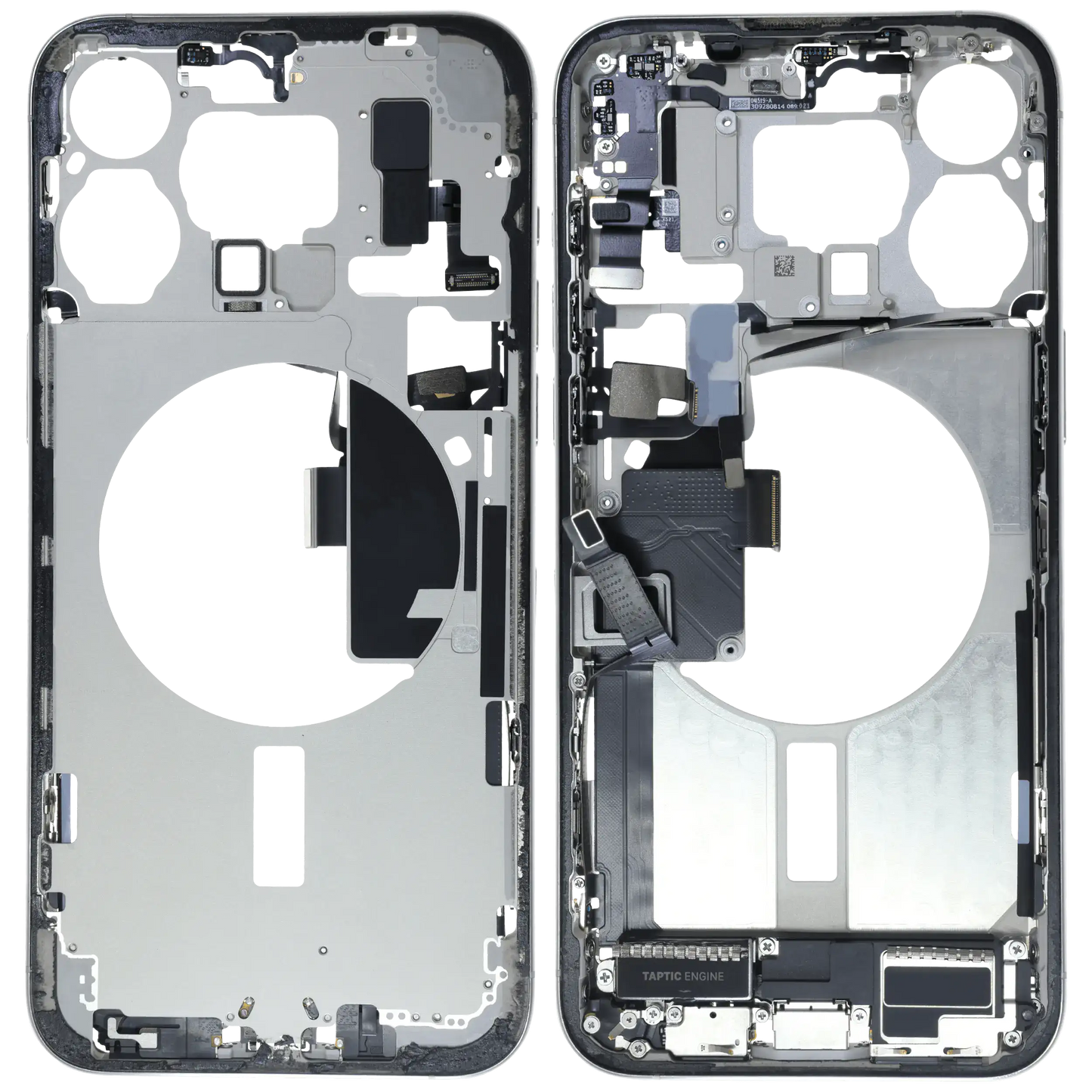 Mid-Frame Housing W/ Charging Port Flex & Small Parts For iPhone 15 Pro Max (EU / Global Version) (Used OEM Pull: Grade C) (White Titanium)