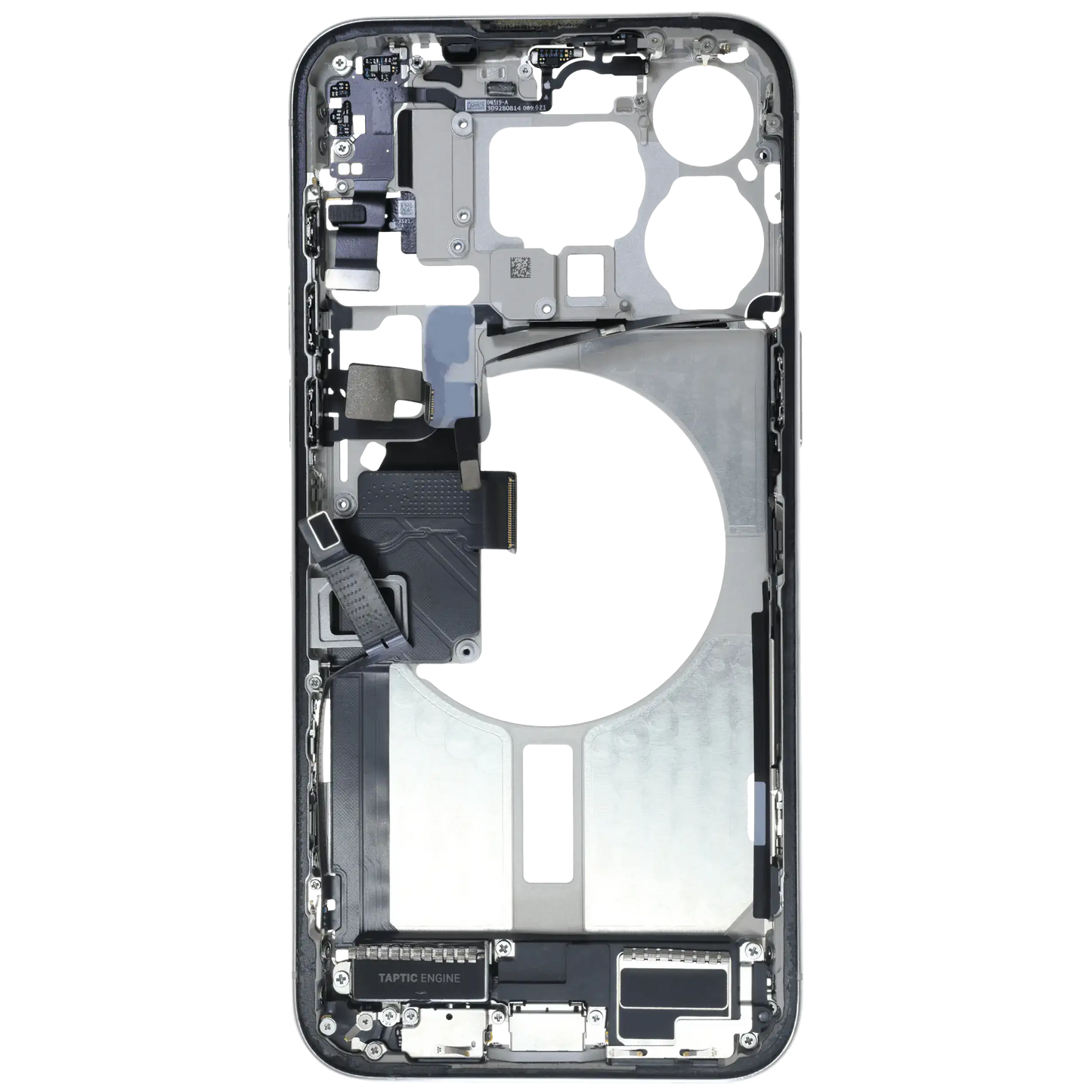 Mid-Frame Housing W/ Charging Port Flex & Small Parts For iPhone 15 Pro Max (EU / Global Version) (Used OEM Pull: Grade C) (White Titanium)
