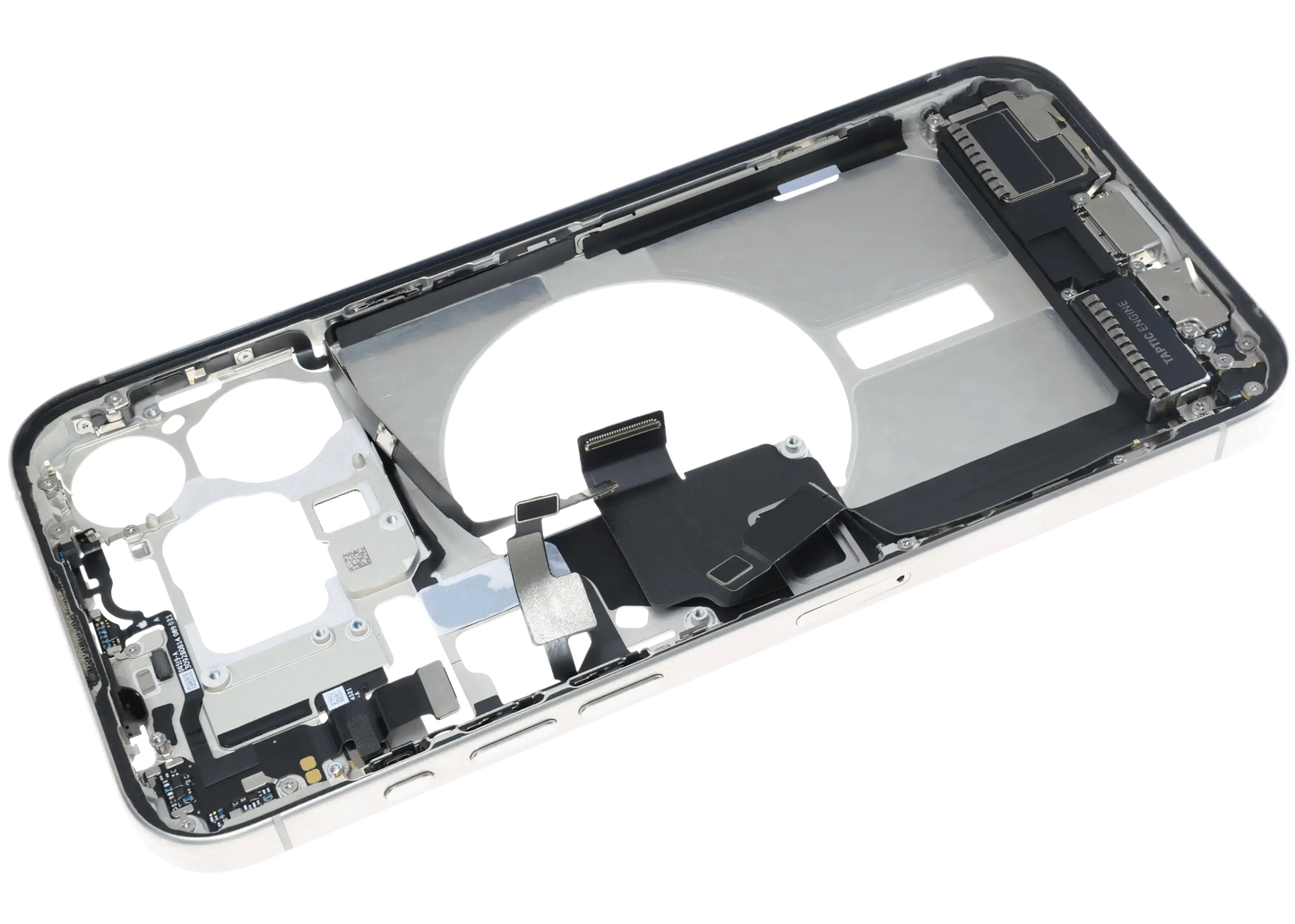 Mid-Frame Housing W/ Charging Port Flex & Small Parts For iPhone 15 Pro Max (EU / Global Version) (Used OEM Pull: Grade C) (White Titanium)