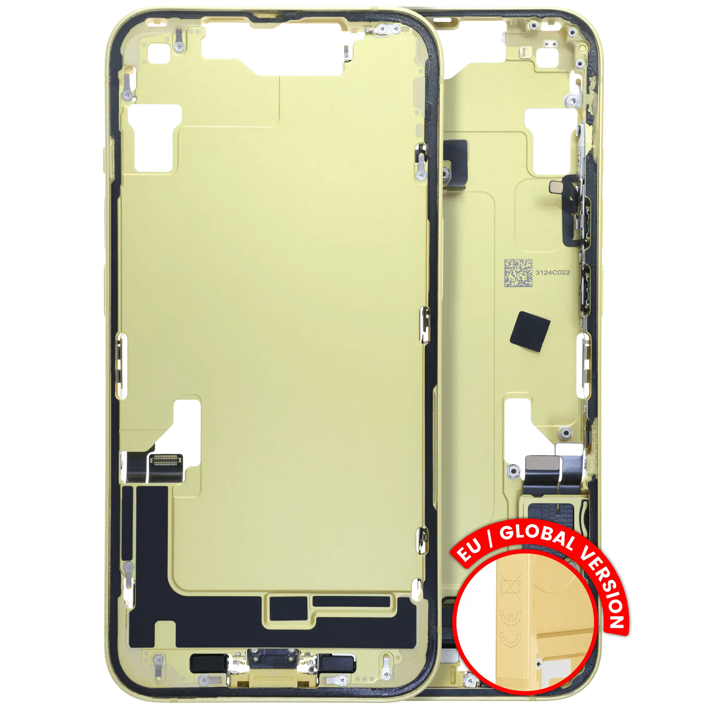 Mid-Frame Housing W/ Charging Port Flex & Small Parts For iPhone 14 (EU / Global Version) (Used OEM Pull: Grade C) (Yellow)