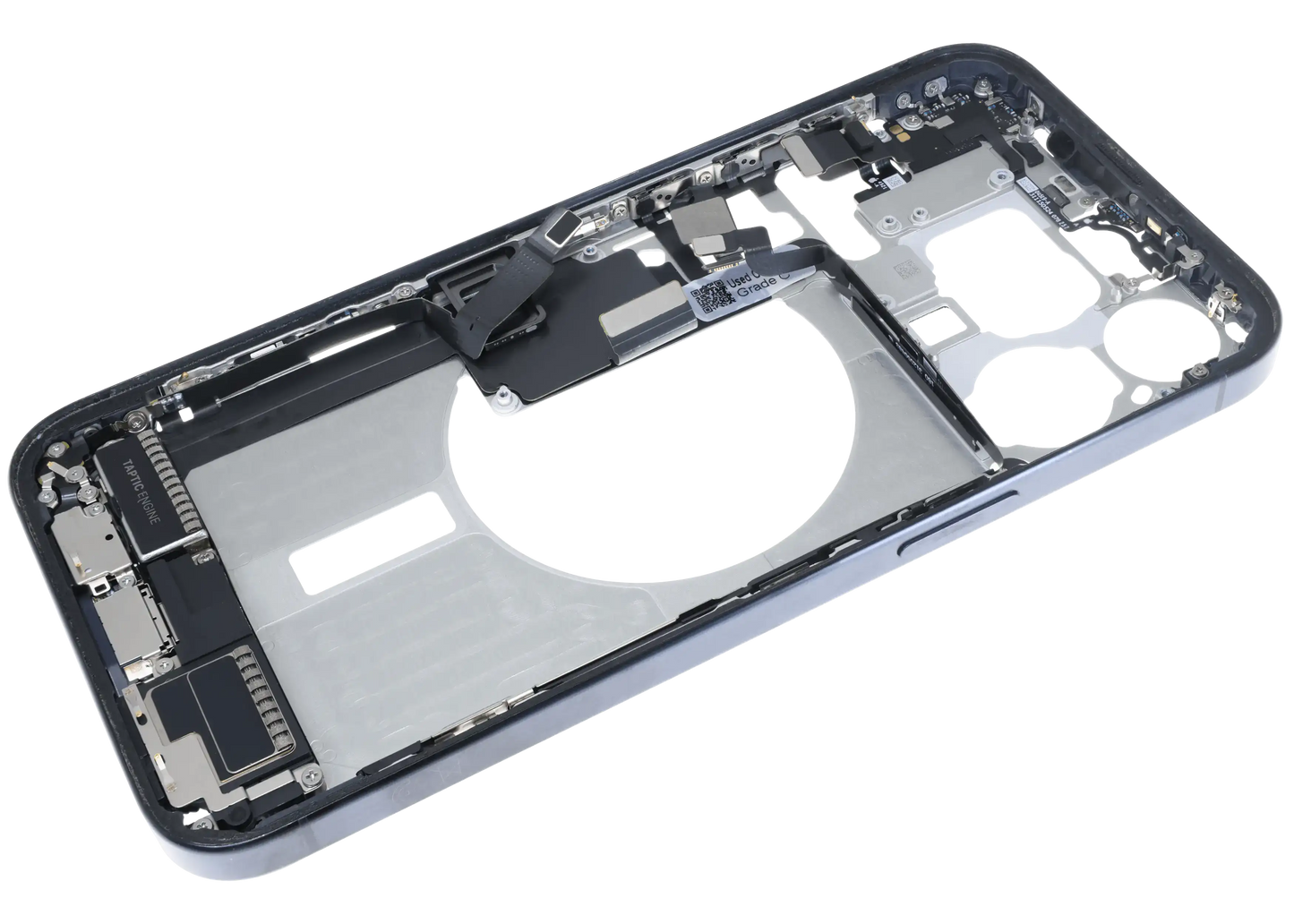 Mid-Frame Housing W/ Charging Port Flex & Small Parts For iPhone 15 Pro Max (EU / Global Version) (Used OEM Pull: Grade C) (Blue Titanium)