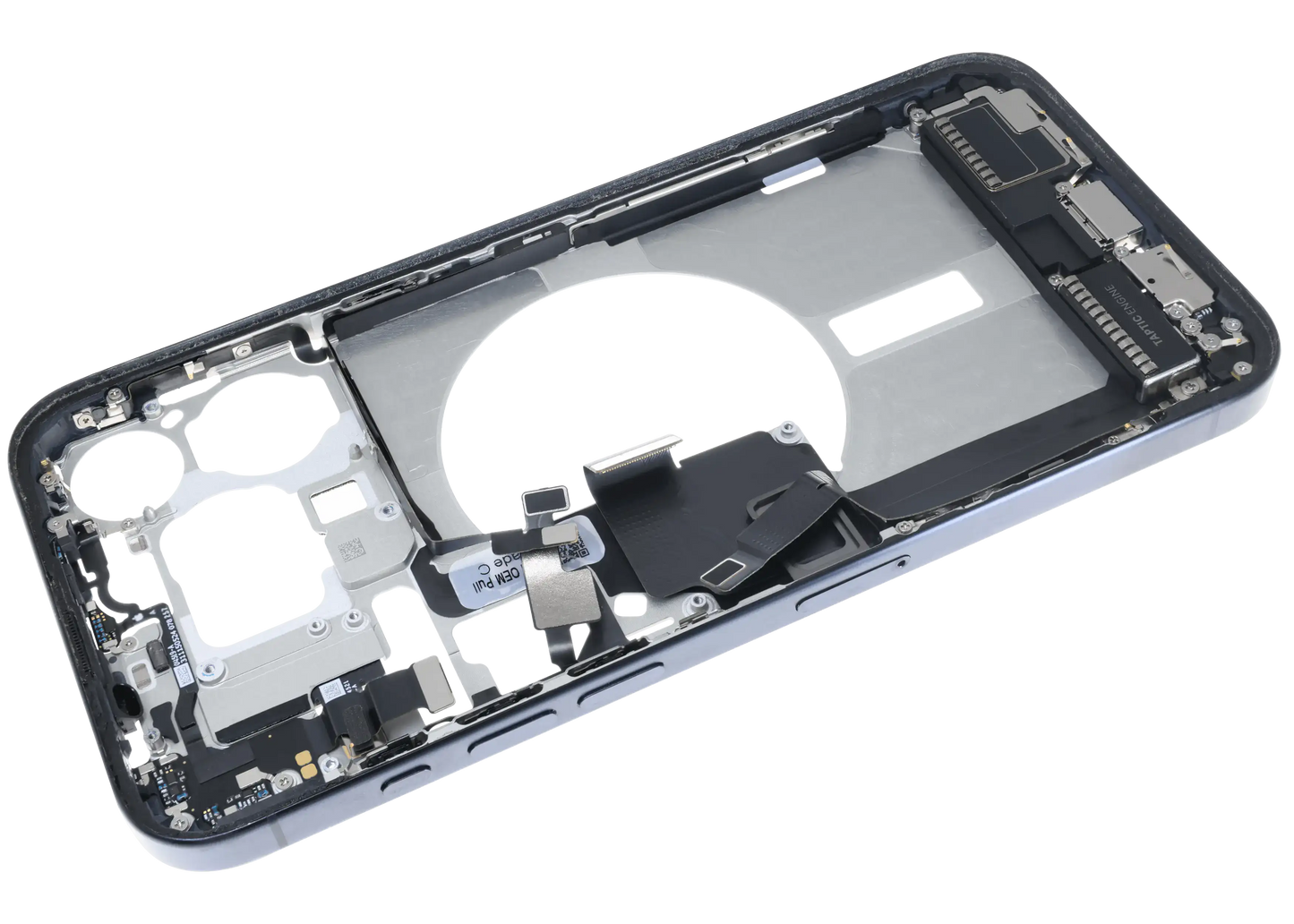 Mid-Frame Housing W/ Charging Port Flex & Small Parts For iPhone 15 Pro Max (EU / Global Version) (Used OEM Pull: Grade C) (Blue Titanium)