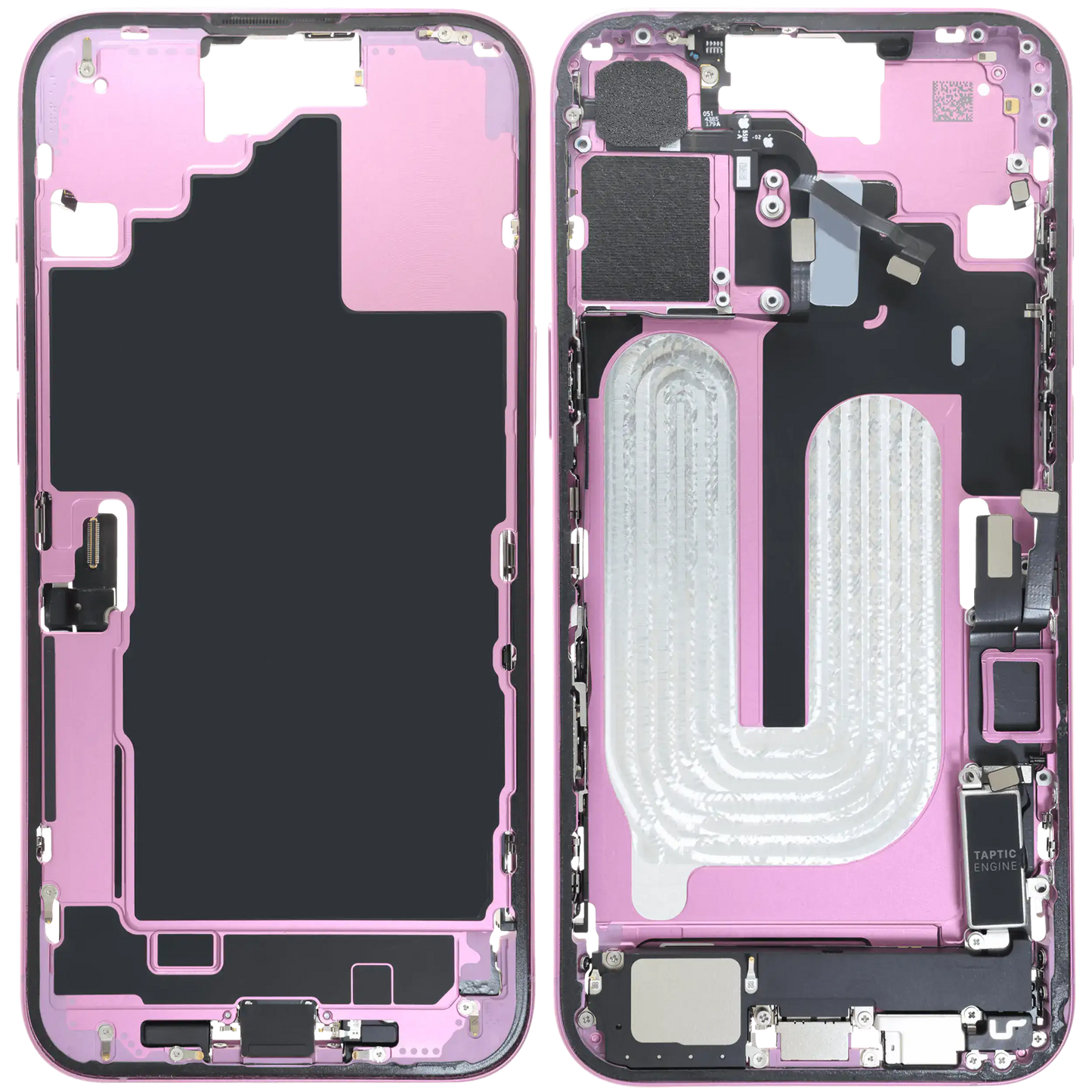 Mid-Frame Housing W/ Charging Port Flex & Small Parts For iPhone 16 Plus (EU / Global Version) (Used OEM Pull: Grade A) (Pink)