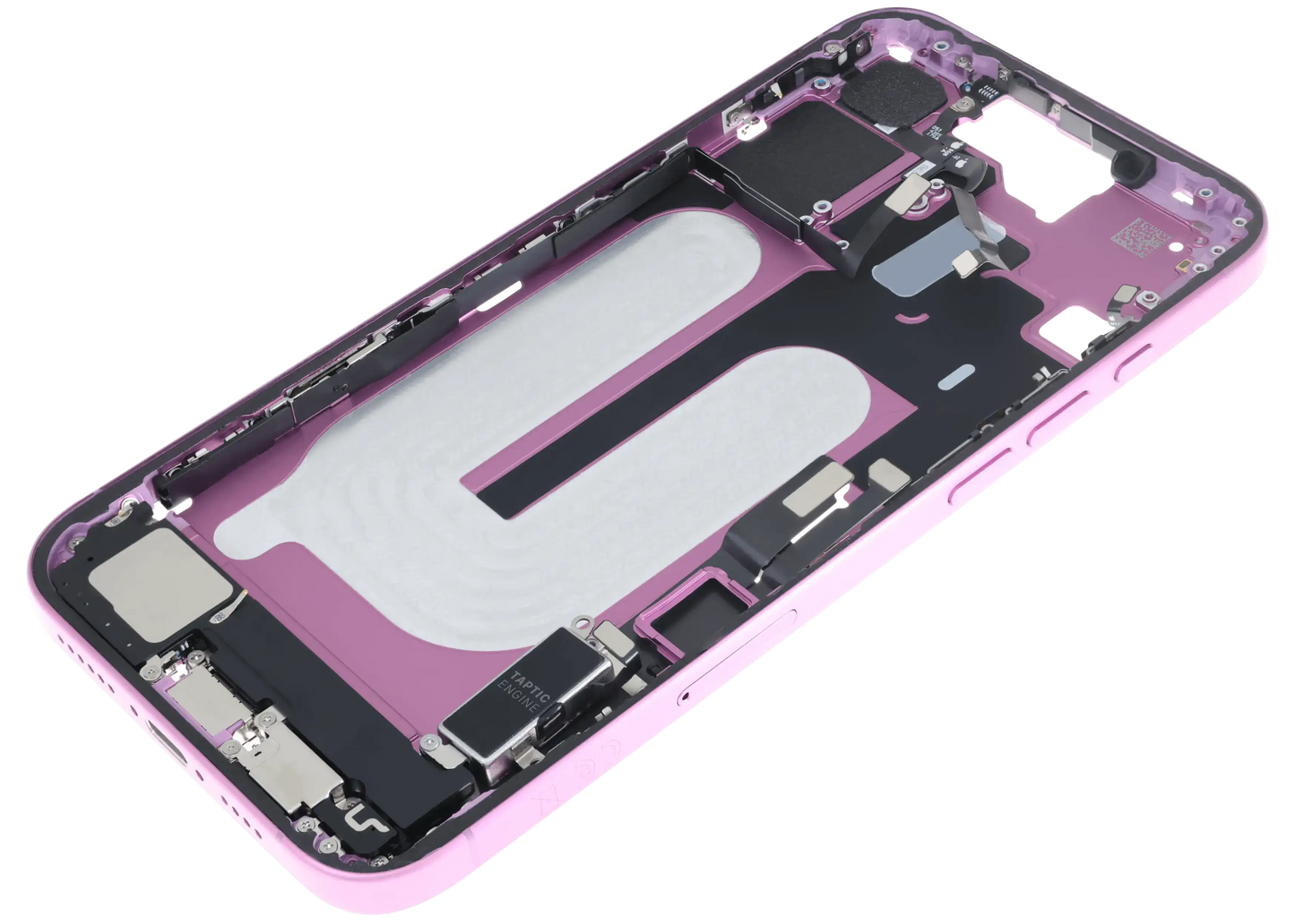 Mid-Frame Housing W/ Charging Port Flex & Small Parts For iPhone 16 Plus (EU / Global Version) (Used OEM Pull: Grade A) (Pink)