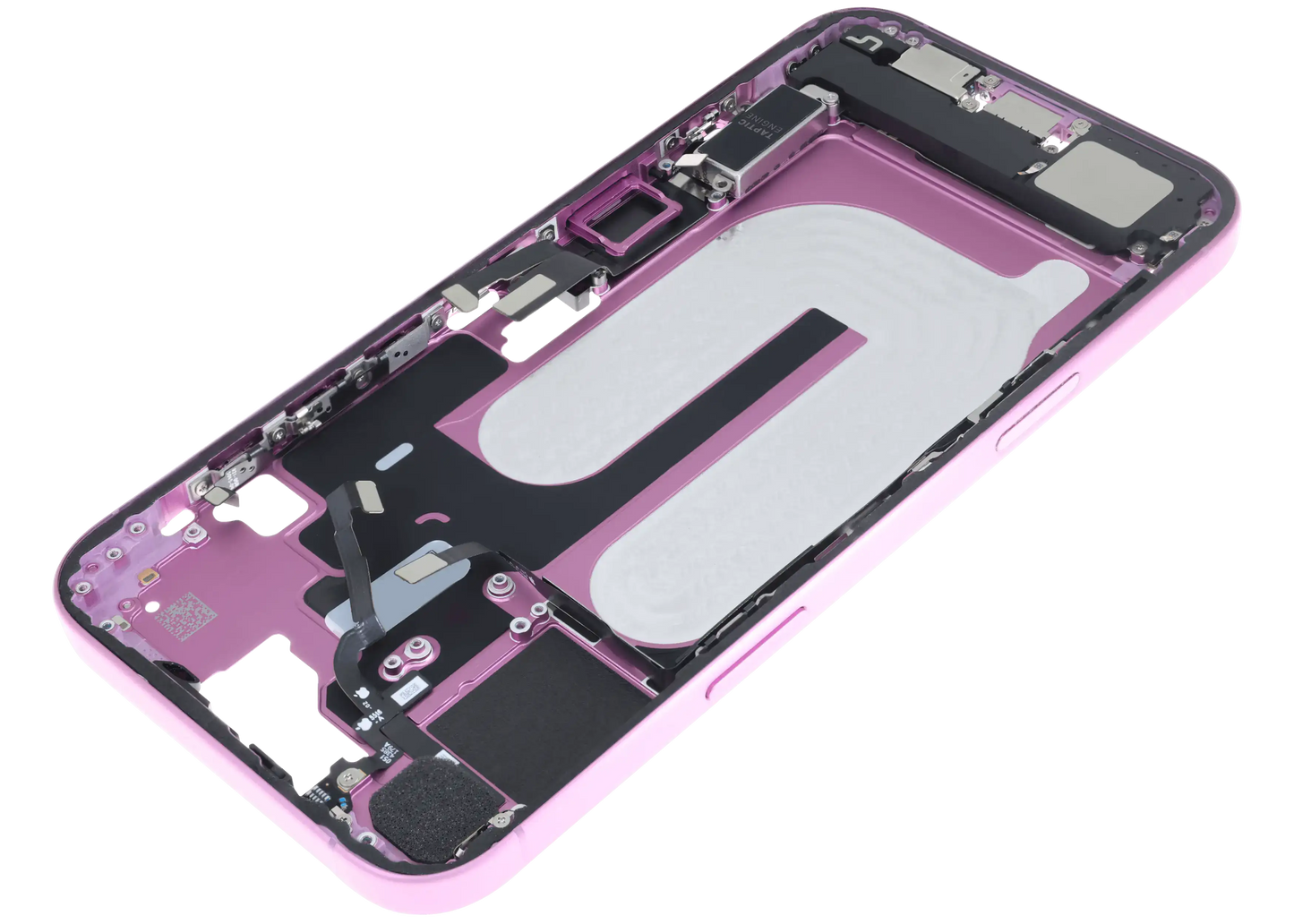 Mid-Frame Housing W/ Charging Port Flex & Small Parts For iPhone 16 Plus (EU / Global Version) (Used OEM Pull: Grade A) (Pink)