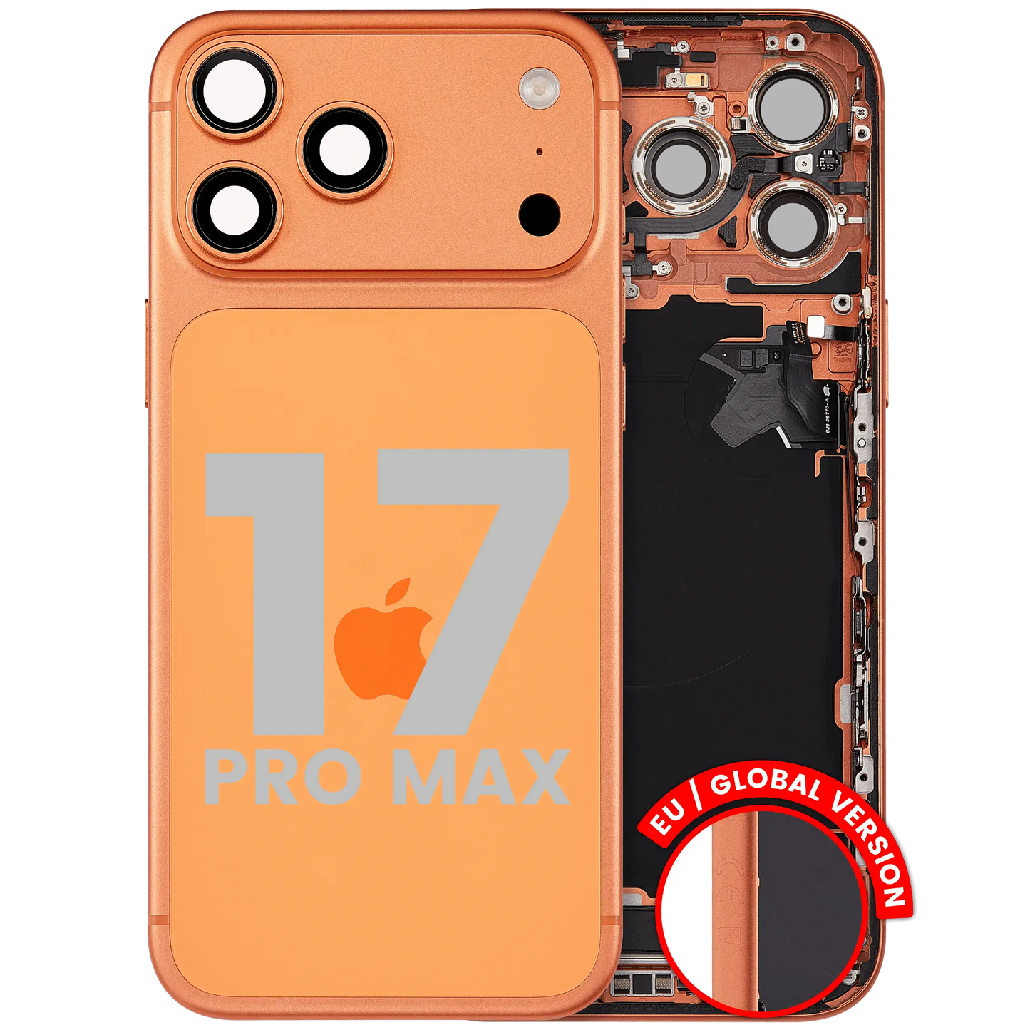 Back Housing W/ Charging Port Flex & Small Parts Compatible For iPhone 17 Pro Max (EU / Global Version) (Used OEM Pull: Grade A) (Cosmic Orange)