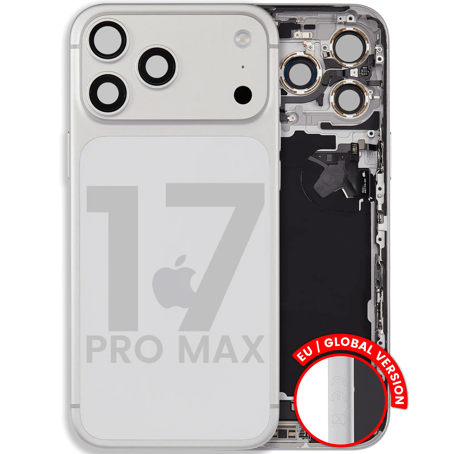 Back Housing W/ Charging Port Flex & Small Parts Compatible For iPhone 17 Pro Max (EU / Global Version) (Used OEM Pull: Grade A) (Silver)
