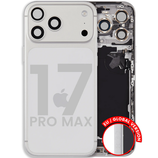 Back Housing W/ Charging Port Flex & Small Parts Compatible For iPhone 17 Pro Max (EU / Global Version) (Used OEM Pull: Grade A) (Silver)