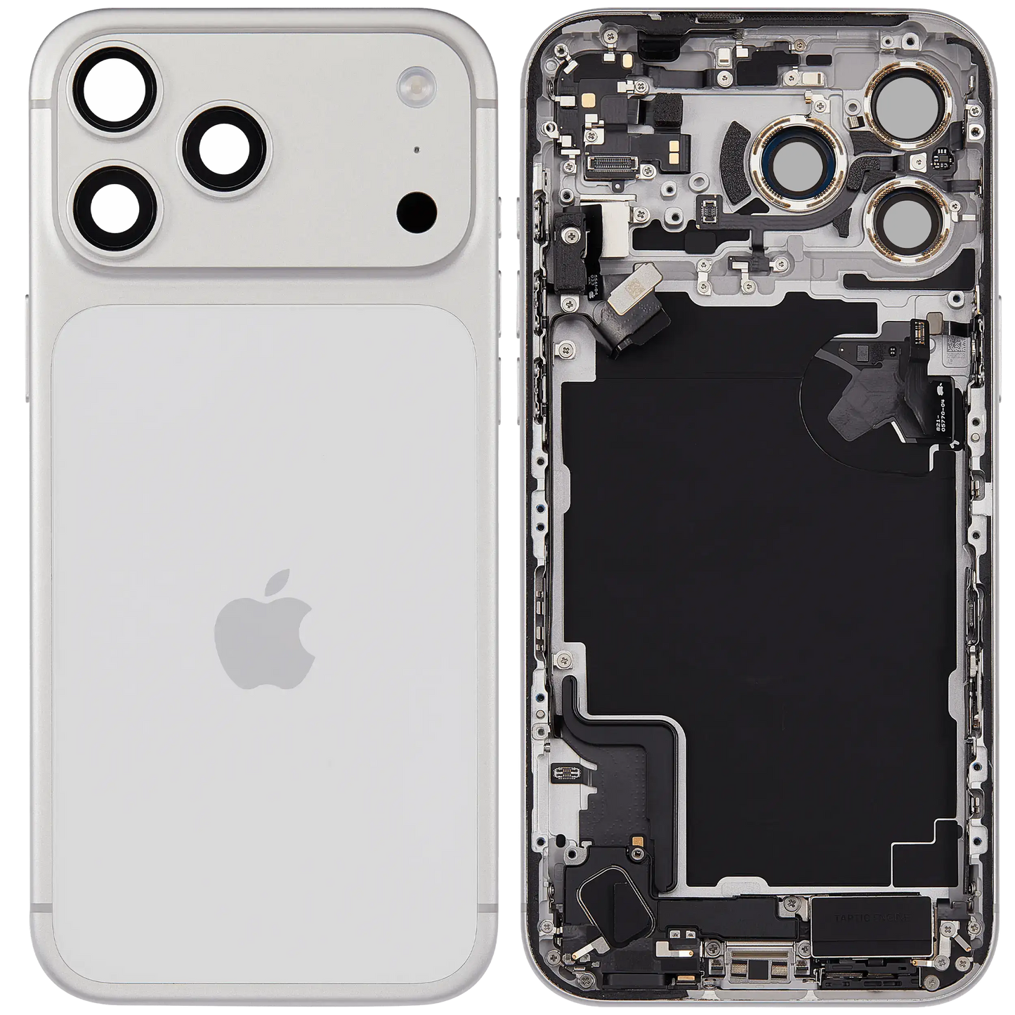 Back Housing W/ Charging Port Flex & Small Parts Compatible For iPhone 17 Pro Max (EU / Global Version) (Used OEM Pull: Grade A) (Silver)