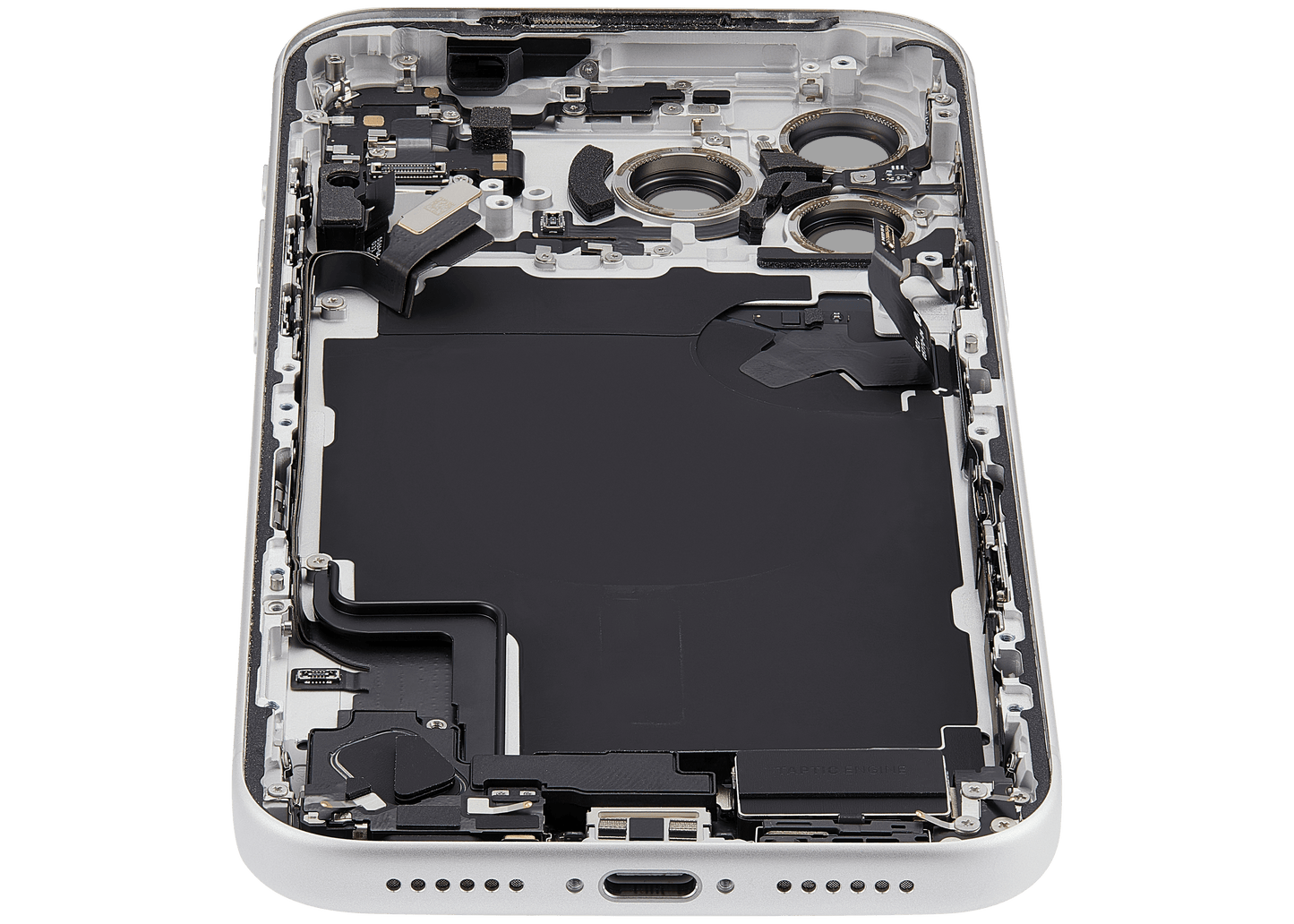 Back Housing W/ Charging Port Flex & Small Parts Compatible For iPhone 17 Pro Max (EU / Global Version) (Used OEM Pull: Grade A) (Silver)