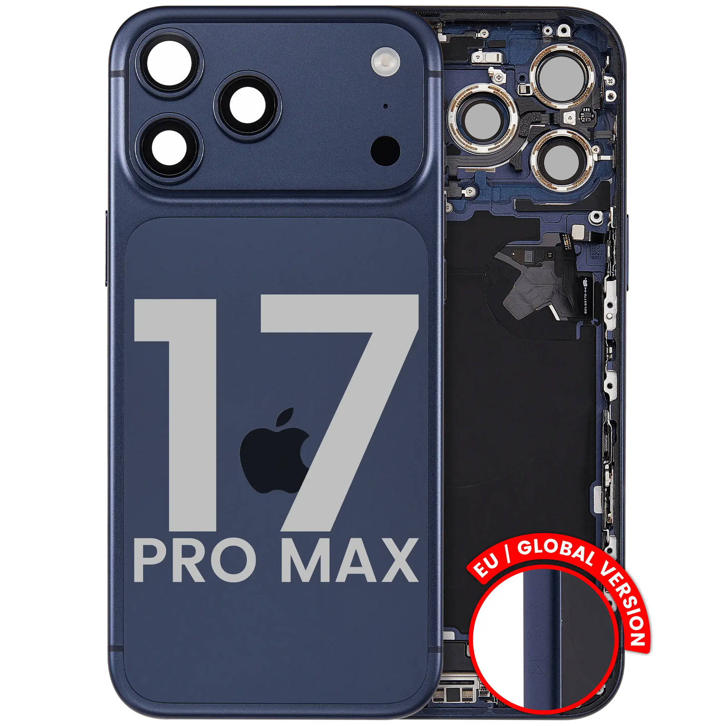 Back Housing W/ Charging Port Flex & Small Parts Compatible For iPhone 17 Pro Max (EU / Global Version) (Used OEM Pull: Grade A) (Deep Blue)