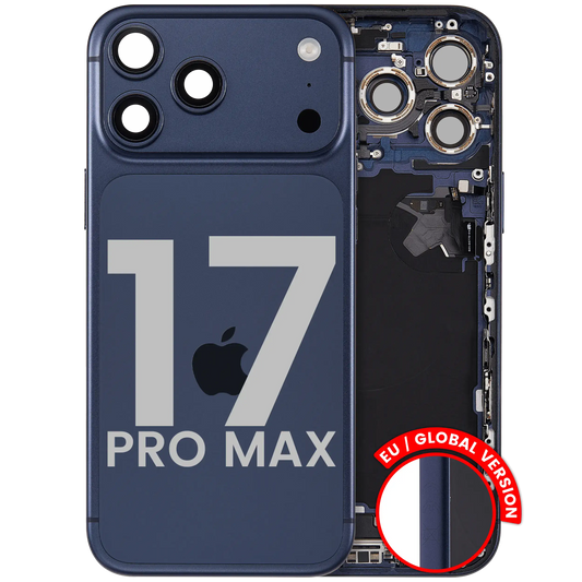 Back Housing W/ Charging Port Flex & Small Parts Compatible For iPhone 17 Pro Max (EU / Global Version) (Used OEM Pull: Grade A) (Deep Blue)
