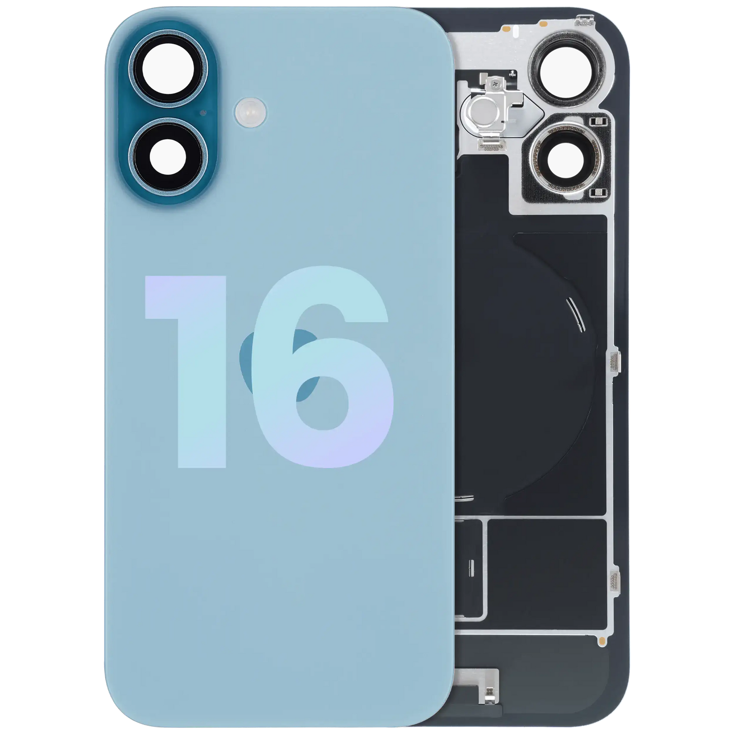Back Glass With Steel Plate With Wireless NFC Charging MagSafe Magnet & Flashlight Flex For iPhone 16 (Service Pack) (Teal)