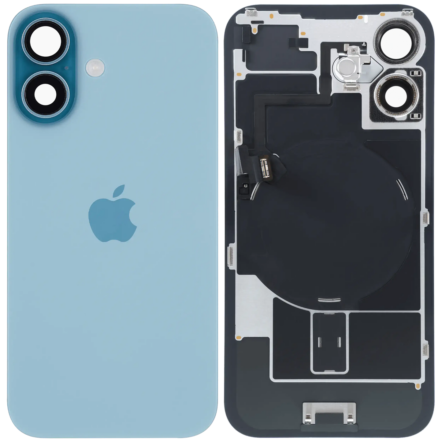 Back Glass With Steel Plate With Wireless NFC Charging MagSafe Magnet & Flashlight Flex For iPhone 16 (Service Pack) (Teal)