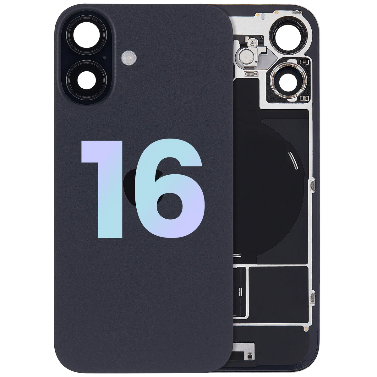 Back Glass w/ MagSafe Magnet & NFC & Flashlight Flex For iPhone 16 (Service Pack) (Black) — product photo 1