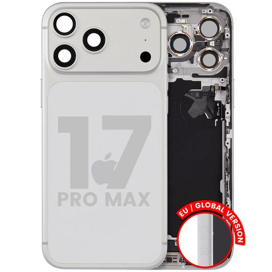 Back Housing W/ Charging Port Flex & Small Parts Compatible For iPhone 17 Pro Max (EU / Global Version) (Used OEM Pull: Grade A) (Silver) — product photo 1