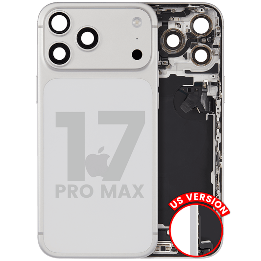 Back Housing W/ Charging Port Flex & Small Parts Compatible For iPhone 17 Pro Max (US Version) (Used OEM Pull: Grade A) (Silver) — product photo 1