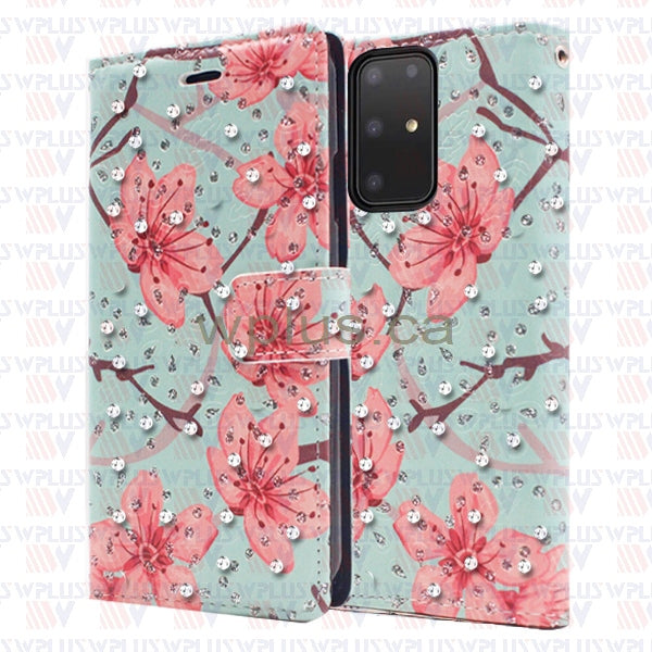 Teal Diamond Wallet w/ Floral Design for Samsung Galaxy S20 Plus