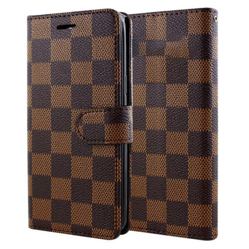 Wallet Leather Brown Checker Case for iPhone 15 Plus