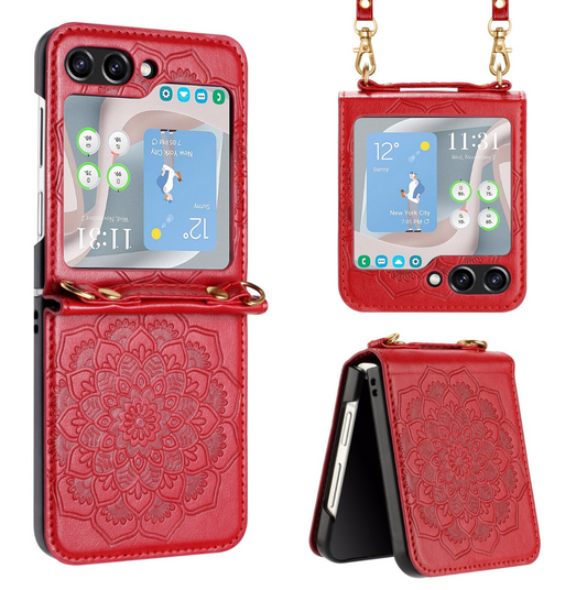 Red Leather Carved Wallet Case for Samsung Z5 FLIP