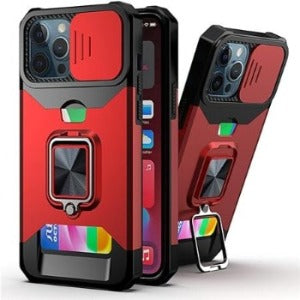 Hybrid Ring Case With Camera Slide and Card Slots For iPhone 15 Pro Max Red
