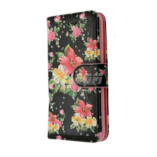 iPhone 14 6.1'' Photo ID 3 Card Slots Flower Diamond Wallet Flower Black
