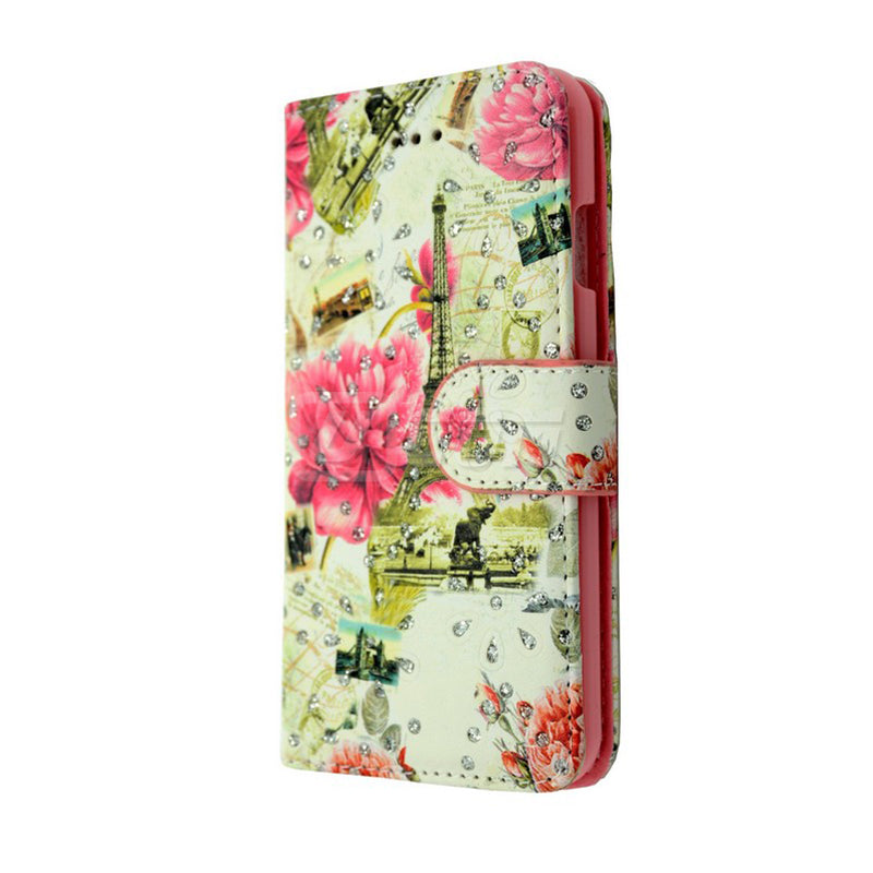 iPhone 14 6.1'' Photo ID 3 Card Slots Flower Diamond Wallet Eiffel Tower Flower