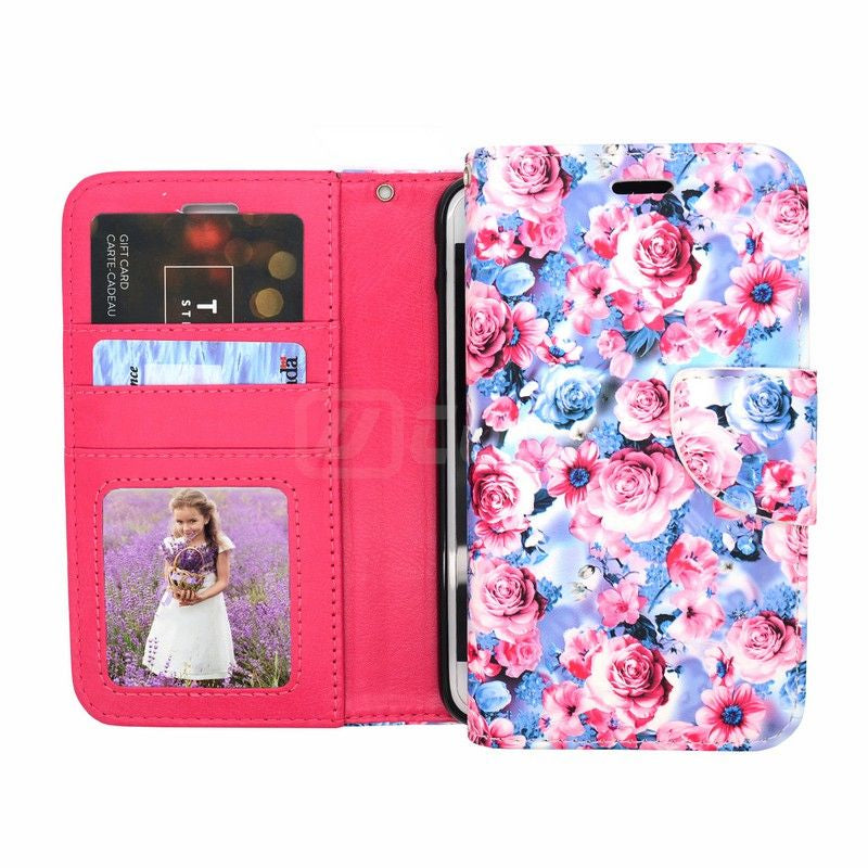 iPhone 14 6.1'' Photo ID 3 Card Slots Rose Design Wallet Purple