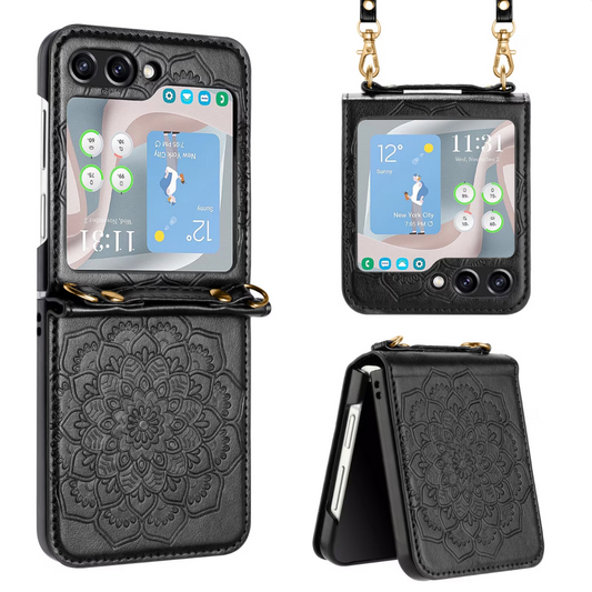 Black Leather Carved Wallet for Samsung Z5 FLIP