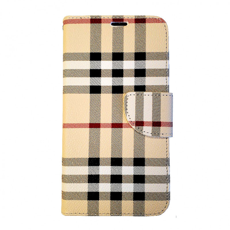 iPhone 14 Plus'' Photo ID 3 Card Slots Plaid Design Wallet Beige